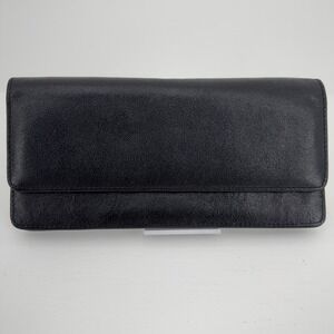 Tusk Black Textured Leather Long Continental Tri-Fold Wallet Purple Interior